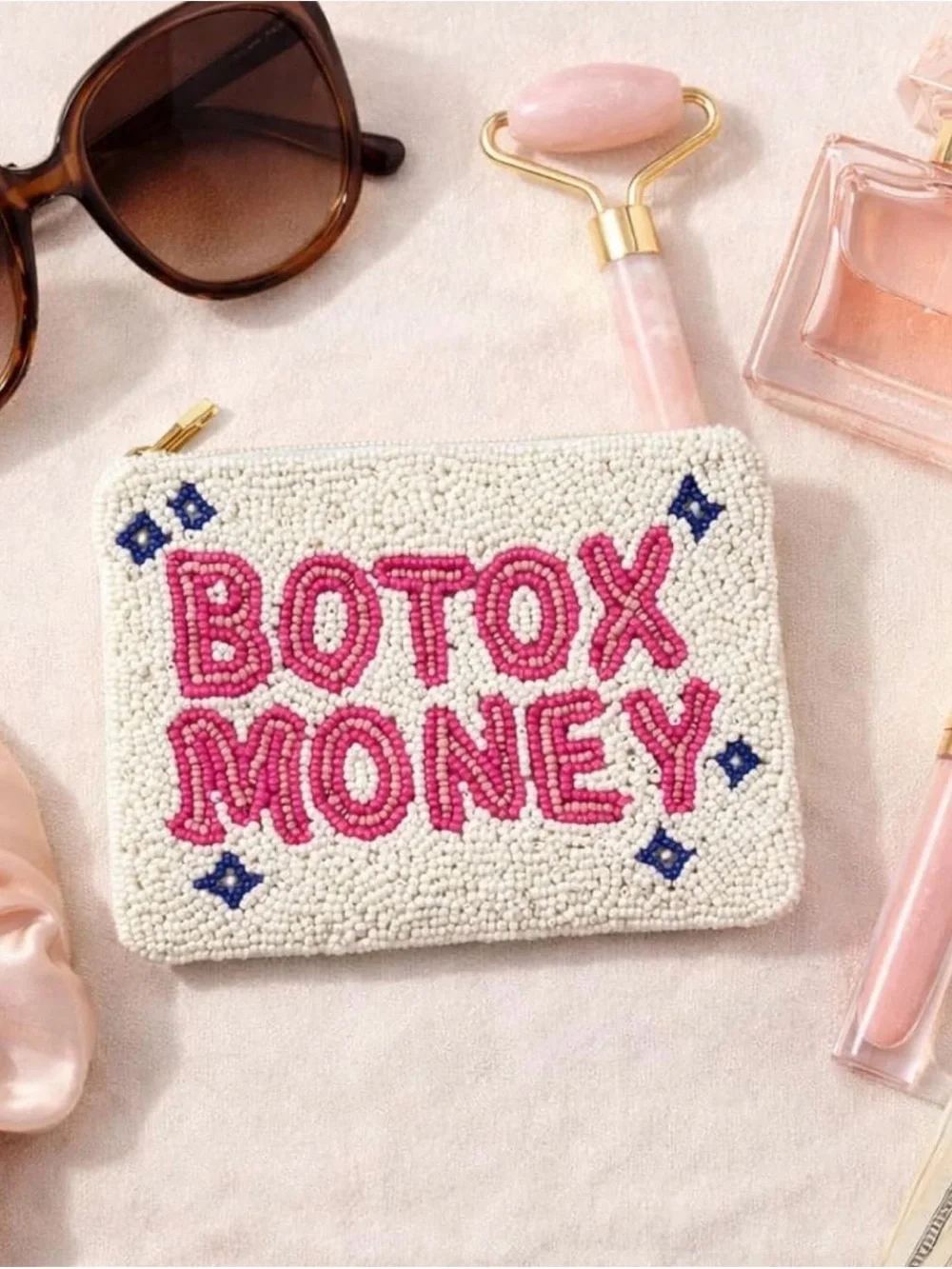 Beaded 'Botox Money' Cosmetic Pouch - White & Pink